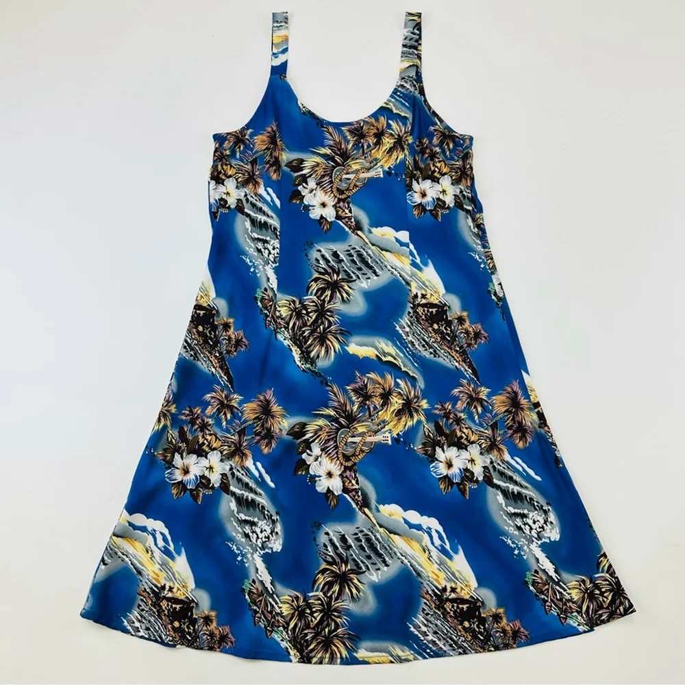 Hilo Hattie blue tropical Hawaiian print womens tank dress Fits Medium Vintage